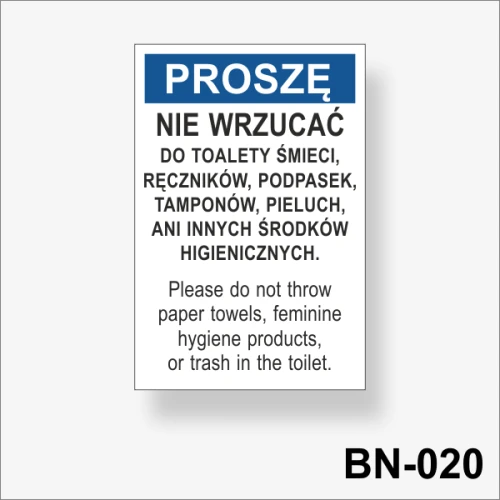 BN-020 Nie wrzucać do toalety śmieci, ręczników, podpasek, tamponów, pieluch, ani innych środków higienicznych  - naklejka do toalety.png