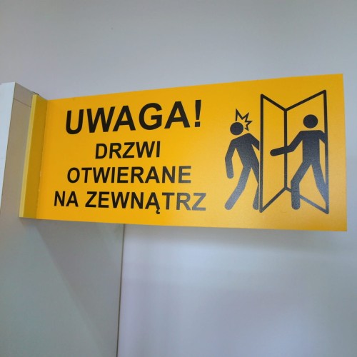 UWAGA! Drzwi otwierane na zewnątrz - tabliczka dwustronna nad drzwi semaforowa - przymocowana do ściany