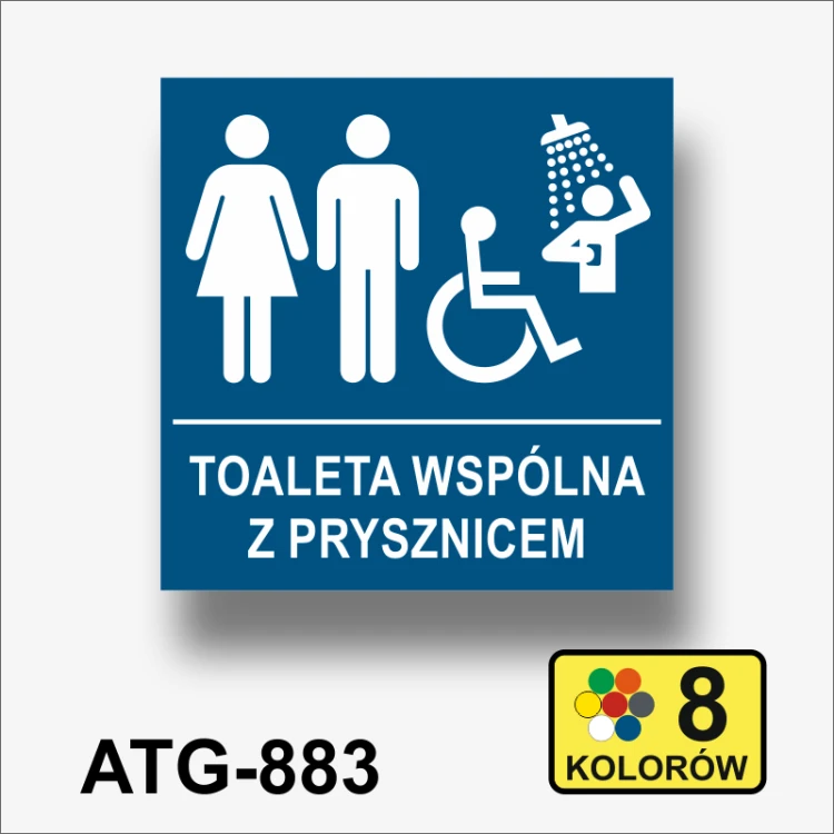 Toaleta wspólna z kabiną prysznicową tabliczka informacyjna na drzwi.