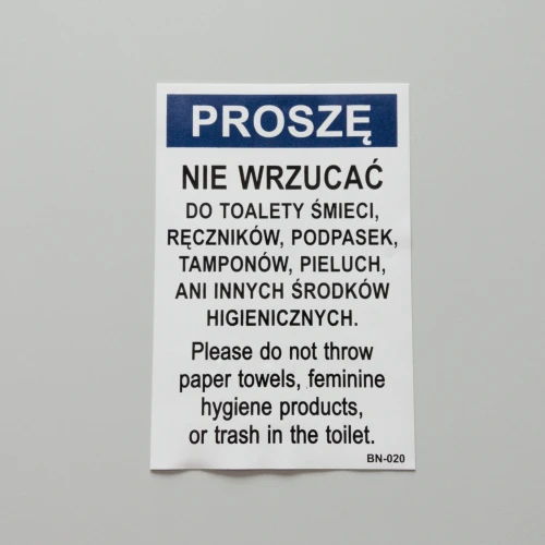 Nie wrzucać do toalety śmieci, ręczników, podpasek, tamponów, pieluch, ani innych środków higienicznych  - naklejka do toalety.