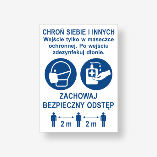 Wejście tylko w maseczce ochronnej. Po wejściu zdezynfekuj dłonie. Naklejka na drzwi.