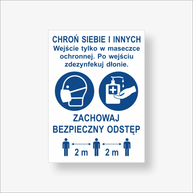 Wejście tylko w maseczce ochronnej. Po wejściu zdezynfekuj dłonie. Naklejka na drzwi.