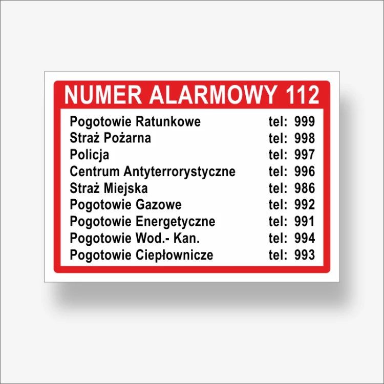 Telefony alarmowe - Tabliczka z wykazem numerów.