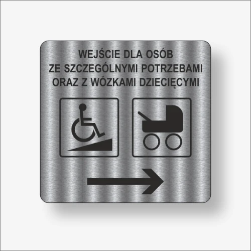 Do wejścia dla niepełnosprawnych w prawo grafika czarna na srebrnym szczotkowanym.