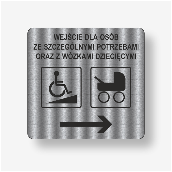 Do wejścia dla niepełnosprawnych w prawo grafika czarna na srebrnym szczotkowanym.