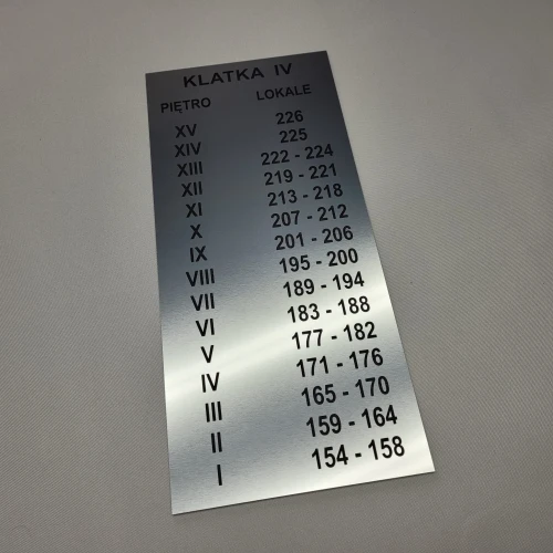 Wykaz lokali na piętrach - tabliczka grawerowana 15 kondygnacji