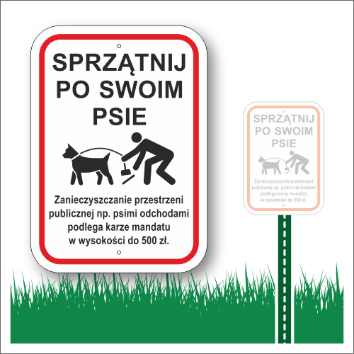 Sprzątnij po swoim psie. Zanieczyszczanie grozi mandatem w wysokości 500 zł. Tabliczka na trawnik.