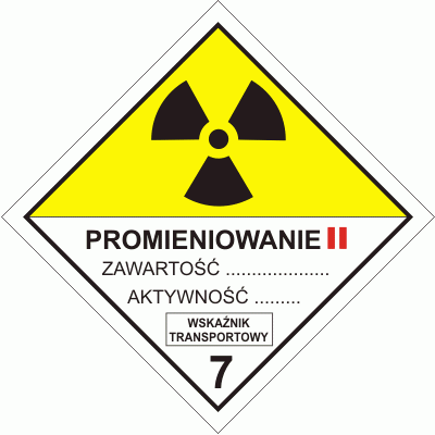 Nalepka ADR  AO022 - "Materiały promieniotwórcze w opakowaniu kat. II"