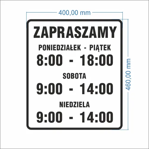 Naklejka na drzwi godziny otwarcia – PN -PT , SO, N  - wymiary