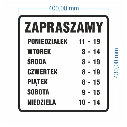 Naklejka na drzwi godziny otwarcia – PN, WT, ŚR, CZ, PT , SO, N   wymiary