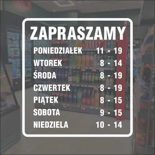 Naklejka na drzwi godziny otwarcia – PN, WT, ŚR, CZ, PT , SO, N