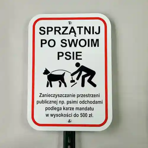 Tabliczka na trawnik "Sprzątnij po swoim psie. Zanieczyszczanie grozi mandatem" (biała)