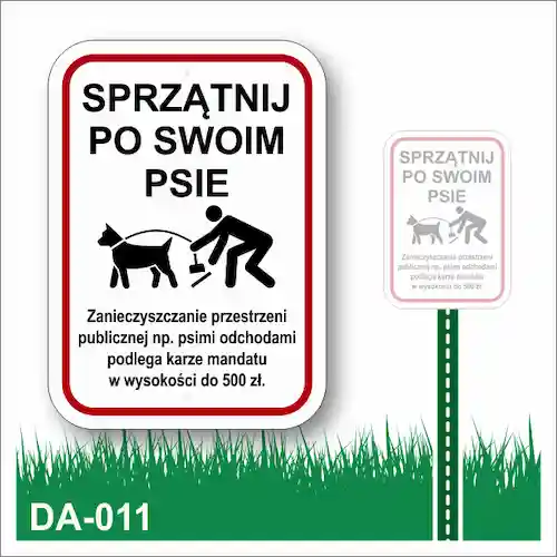Tabliczka z kompozytu aluminiowego Sprzątnij po swoim psie. Zanieczyszczanie grozi mandatem 500 zł. obok pokazany słupek