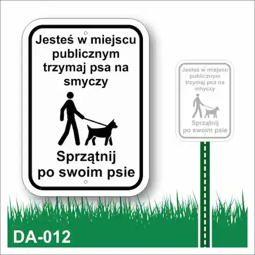 Tabliczka na trawnik biała z czarnym tekstem Jesteś w miejscu publicznym trzymaj psa na smyczy Sprzątnij po swoim psie