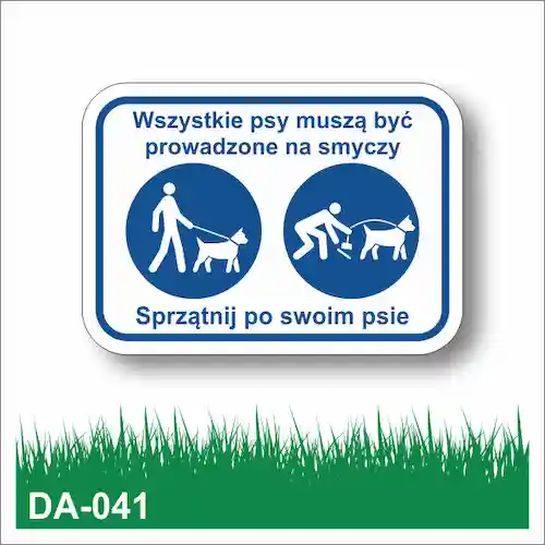 NIebiesko-biała metalowa tabliczka parkowa z piktogramami psa na smyczy oraz sprzątania po psie