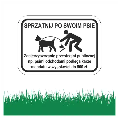 Tabliczka na trawnik "Sprzątnij po swoim psie" czarna grafika i napisy na białym tle