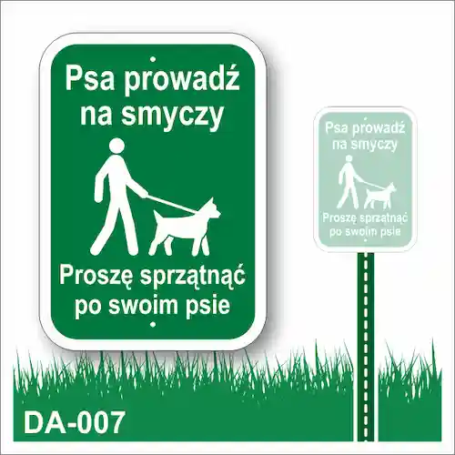 Tabliczka na trawnik "Psa prowadź na smyczy Proszę sprzątnąć po swoim psie" (zielona)