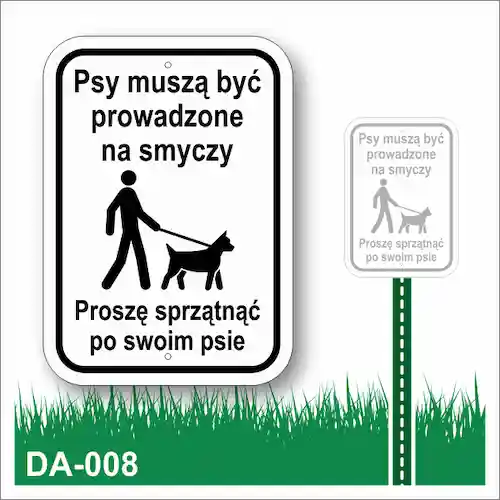 Tabliczka na trawnik "Psy muszą być prowadzone na smyczy Proszę sprzątnąć po swoim psie" (biała)