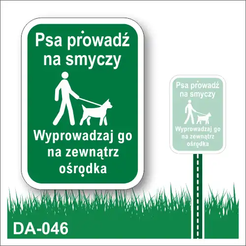 Tabliczka na trawnika "Psa prowadź na smyczy wyprowadzaj go na zewnątrz ośrodka" (zielona)