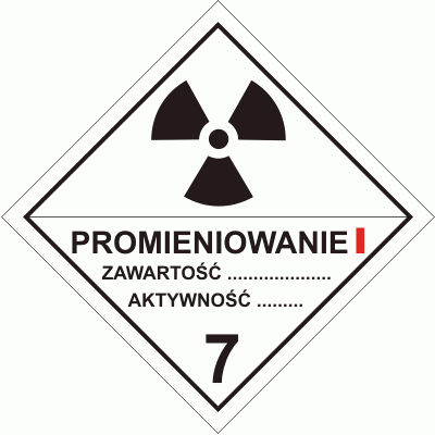 Nalepka ADR  AO020 - "Materiały promieniotwórcze w opakowaniu kat. I"