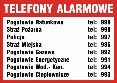 Wykaz telefonów alarmowych - tabliczka informacyjna, biała z czerwona ramką