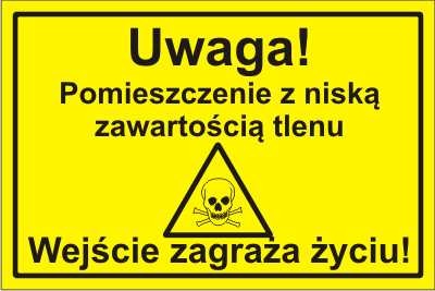 Tabliczka informacyjna Uwaga! Pomieszczenie z niską zawartością tlenu. Wejście zagraża życiu