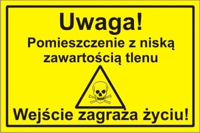 Tabliczka informacyjna Uwaga! Pomieszczenie z niską zawartością tlenu. Wejście zagraża życiu