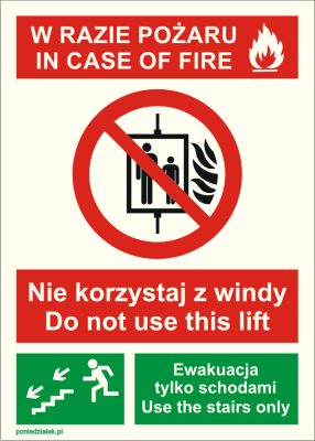 W razie pożaru nie korzystaj z windy -  znak ochrony przeciwpożarowej