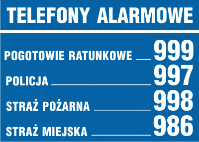 Znak BD001 - Wykaz telefonów alarmowych