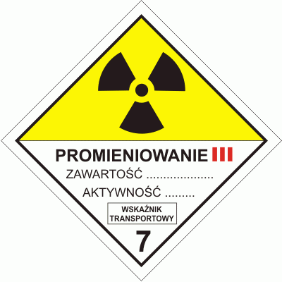 Nalepka ADR  AO023 - "Materiały promieniotwórcze w opakowaniu kat. III"